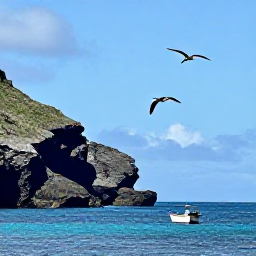 Caribbean Holidays, Martinique Birdwatching, Seabirds flying above a rugged Martinique coastline with blue Caribbean water and a small fishing boat