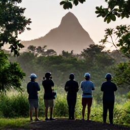 Caribbean Holidays, Martinique Birdwatching, Small group of holidaymakers birdwatching at sunrise in a green Martinique nature reserve