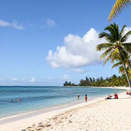Caribbean Holidays, Martinique Business Class, A bright Martinique beach in January with calm turquoise water, soft white sand, palm trees and travellers enjoying a relaxed morning