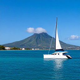 Caribbean Holidays, Martinique Business Class, A catamaran sailing beside the green coastline of Martinique, clear Caribbean water and Mount Pel&eacute;e in the distance