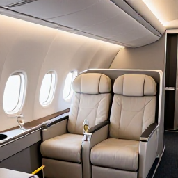 Caribbean Holidays, Martinique Business Class, A modern business-class aircraft cabin with spacious reclining seats, soft lighting and a glass of champagne, photographed in a realistic travel editorial style