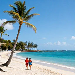 Caribbean Holidays, Martinique Business Class, A sunny Martinique beach in July with turquoise water, palm trees and a relaxed couple walking along the shore