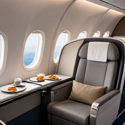 Caribbean Holidays, Martinique Business Class, Airline business class cabin with spacious lie-flat seats, elegant meal service and soft Caribbean light through the windows