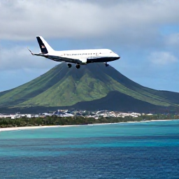 Caribbean Holidays, Martinique Business Class, Business-class aircraft arriving over Martinique, with green volcanic hills, turquoise Caribbean sea and Fort-de-France visible below