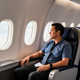 Caribbean Holidays, Martinique Business Class, Business class passenger relaxing in a comfortable aircraft seat on a flight to Martinique, warm Caribbean light and refined travel atmosphere