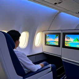 Caribbean Holidays, Martinique Business Class, Business class passenger relaxing in a comfortable airline seat during a flight to Martinique, soft cabin lighting and tropical travel atmosphere