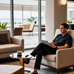 Caribbean Holidays, Martinique Business Class, Business class traveller relaxing in an elegant airport lounge before a flight to Martinique