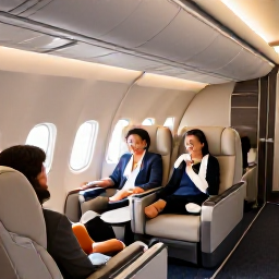 Caribbean Holidays, Martinique Business Class, Business class travellers relaxing in a comfortable aircraft cabin on a flight to Martinique, with warm Caribbean light and elegant travel details
