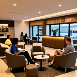 Caribbean Holidays, Martinique Business Class, Business class travellers relaxing in a stylish airport lounge before a flight to Martinique