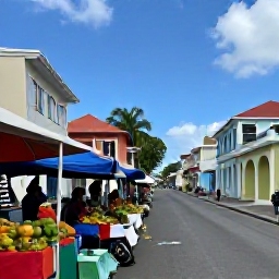 Caribbean Holidays, Martinique Business Class, Colourful Fort-de-France street scene in Martinique with local market stalls, tropical fruit and historic buildings