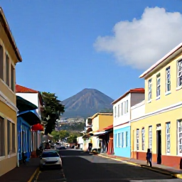 Caribbean Holidays, Martinique Business Class, Colourful streets and historic buildings in Fort-de-France, Martinique, with Mount Pel&eacute;e visible in the distance