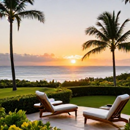 Caribbean Holidays, Martinique Business Class, Comfortable Martinique hotel terrace overlooking a tropical garden and Caribbean sea at sunset