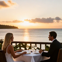 Caribbean Holidays, Martinique Business Class, Couple enjoying a sunset dinner on a Martinique terrace overlooking the Caribbean Sea, elegant table setting and warm evening light
