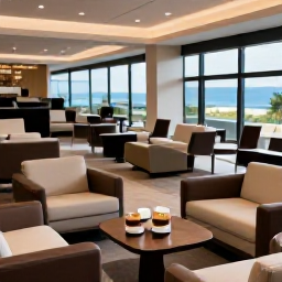 Caribbean Holidays, Martinique Business Class, Elegant airport lounge with comfortable seating, refreshments and travellers preparing for a Martinique holiday