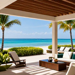 Caribbean Holidays, Martinique Business Class, Elegant beachside hotel in Martinique with a shaded terrace, turquoise sea, sun loungers and tropical greenery