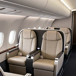 Caribbean Holidays, Martinique Business Class, Elegant business-class aircraft cabin prepared for a comfortable overnight flight to Martinique, soft lighting, spacious seats, refined but relaxed atmosphere