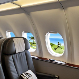Caribbean Holidays, Martinique Business Class, Elegant business class aircraft cabin with spacious seats, soft lighting and a view of tropical Martinique below