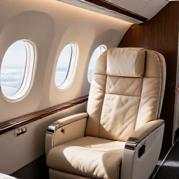 Caribbean Holidays, Martinique Business Class, Elegant business class cabin on a daytime flight to Martinique, comfortable wide seats, tropical sunlight and subtle Caribbean details