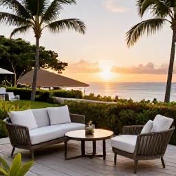Caribbean Holidays, Martinique Business Class, Elegant Martinique hotel terrace at sunset, comfortable outdoor seating, tropical gardens and a view towards the Caribbean Sea
