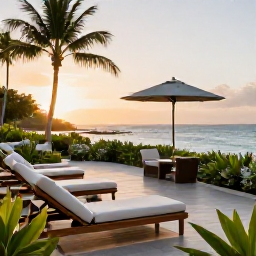 Caribbean Holidays, Martinique Business Class, Elegant Martinique hotel terrace at sunset with comfortable loungers, tropical plants and a view across the Caribbean Sea