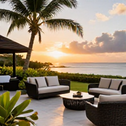 Caribbean Holidays, Martinique Business Class, Elegant Martinique hotel terrace at sunset with comfortable seating, tropical planting and sea views