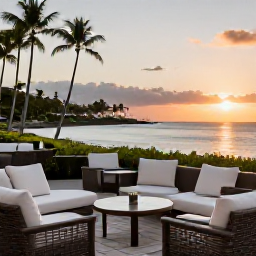 Caribbean Holidays, Martinique Business Class, Elegant Martinique hotel terrace overlooking a tropical bay at sunset, with comfortable outdoor seating