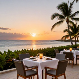 Caribbean Holidays, Martinique Business Class, Elegant Martinique hotel terrace overlooking the sea at sunset, with a comfortable dining setting and tropical surroundings