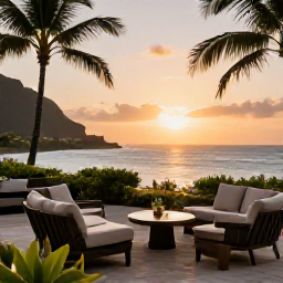 Caribbean Holidays, Martinique Business Class, Elegant Martinique resort terrace overlooking the Caribbean Sea at sunset, with comfortable seating and tropical gardens
