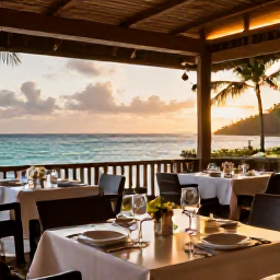 Caribbean Holidays, Martinique Business Class, Elegant Martinique seaside restaurant at sunset with Creole dishes, polished tables and views across the Caribbean Sea