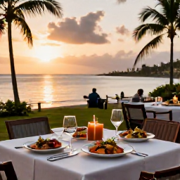 Caribbean Holidays, Martinique Business Class, Elegant Martinique waterfront restaurant at sunset with local Creole dishes, fresh seafood and a relaxed holiday setting