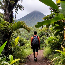 Caribbean Holidays, Martinique Business Class, Lush Martinique rainforest trail beneath Mount Pel&eacute;e with a hiker walking through tropical vegetation