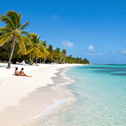 Caribbean Holidays, Martinique Business Class, Quiet Martinique beach in May with clear turquoise water, white sand, green palm trees and a couple relaxing beneath the shade