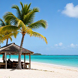 Caribbean Holidays, Martinique Business Class, Quiet Martinique beach in September with turquoise water, palm trees and a small seaside caf&eacute;
