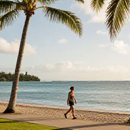 Caribbean Holidays, Martinique Business Class, Relaxed business-class traveller walking along a quiet Martinique beach in August, palm trees, clear water and soft afternoon sunlight