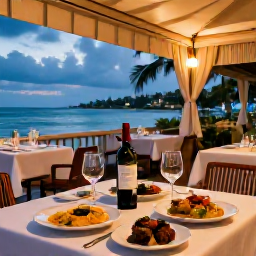 Caribbean Holidays, Martinique Business Class, Romantic Martinique evening restaurant terrace with Creole dishes, French wine and warm coastal light