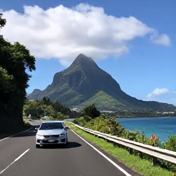 Caribbean Holidays, Martinique Business Class, Scenic coastal road and lush mountain landscape in northern Martinique, with a rental car travelling towards a volcanic peak