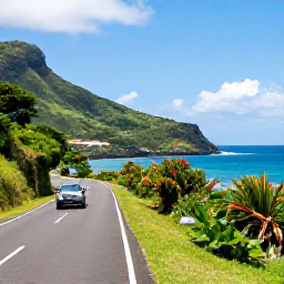 Caribbean Holidays, Martinique Business Class, Scenic coastal road near Le Diamant in Martinique with lush hills, blue sea and a rental car