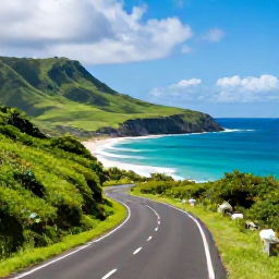 Caribbean Holidays, Martinique Business Class, Scenic Martinique coastal road leading through lush green hills towards a secluded beach and turquoise Caribbean sea