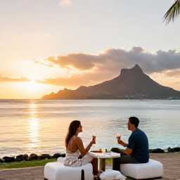 Caribbean Holidays, Martinique Business Class, Stylish beachfront hotel in Martinique at sunset with a couple enjoying drinks overlooking calm turquoise water