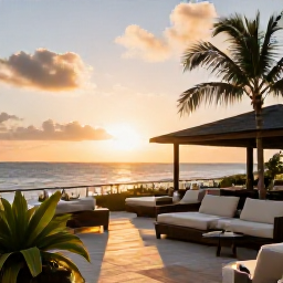 Caribbean Holidays, Martinique Business Class, Stylish beachfront hotel terrace in Martinique at sunset, with comfortable seating, tropical plants and a view of the sea