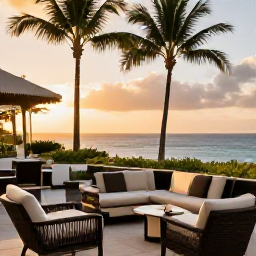 Caribbean Holidays, Martinique Business Class, Stylish Martinique hotel terrace at sunset, comfortable outdoor seating, palm trees and a view across the Caribbean Sea