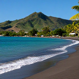 Caribbean Holidays, Martinique Business Class, Sunlit Anse Couleuvre beach in northern Martinique with clear turquoise water, dark volcanic sand and lush tropical hills