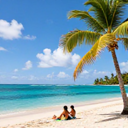 Caribbean Holidays, Martinique Business Class, Sunlit Caribbean beach in Martinique with turquoise water, palm trees and a relaxed couple on the sand