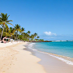 Caribbean Holidays, Martinique Business Class, Sunlit sandy beach in Martinique with turquoise water, palm trees and a few relaxed visitors