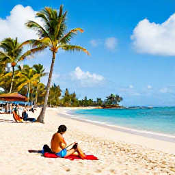 Caribbean Holidays, Martinique Business Class, Sunny February beach in Martinique with turquoise sea, palm trees, golden sand and visitors enjoying a relaxed coastal day