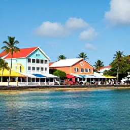 Caribbean Holidays, Martinique Business Class, Sunny Fort-de-France waterfront in Martinique in May, colourful buildings, palm trees, blue Caribbean water and people enjoying the promenade
