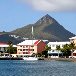 Caribbean Holidays, Martinique Business Class, The waterfront of Fort-de-France, Martinique, with colourful buildings, palm trees, a marina and the Pitons du Carbet in the distance on a bright day