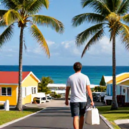 Caribbean Holidays, Martinique Business Class, Traveller arriving in Fort-de-France, Martinique, with palm trees, colourful buildings and a view of the Caribbean sea