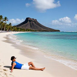 Caribbean Holidays, Martinique Business Class, Traveller relaxing on a sunny Martinique beach in December, turquoise water, volcanic hills and palm-fringed sand