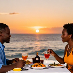 Caribbean Holidays, Martinique Business Class, Travellers enjoying a sunset dinner beside the sea in Martinique, with Creole dishes, rum cocktails and a warm orange sky